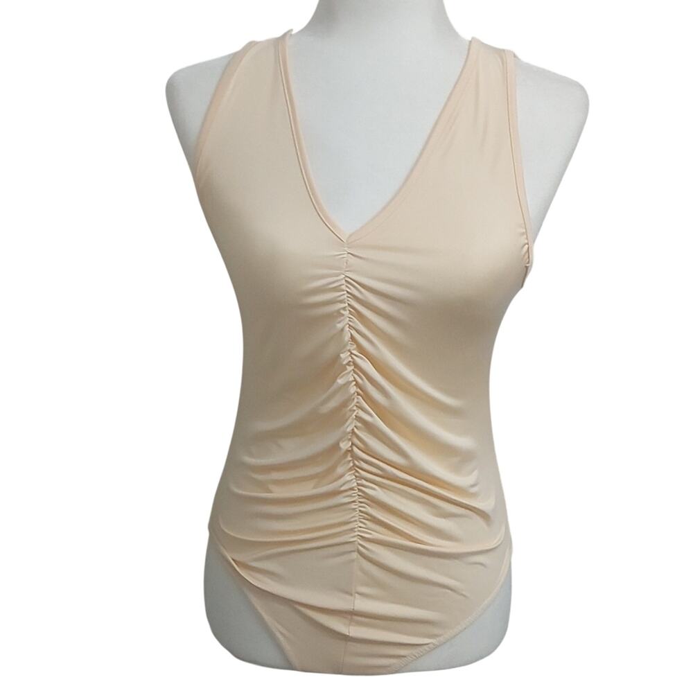 PrettyLittleThing Ruched Front V-Neck Bodysuit 8 Cream/Peach Casual Minimalist